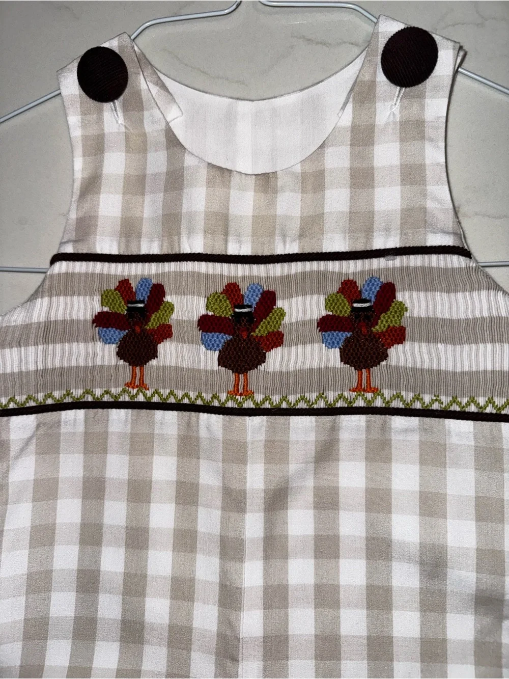 Hand Smocked Thanksgiving Turkey Longall Romper | Boys | Tan Gingham - Size 3M